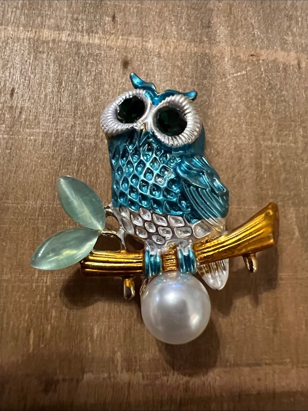 3/$18 Blue Owl Brooch Pin with Gold Branch and Pearl Accent Lot 596